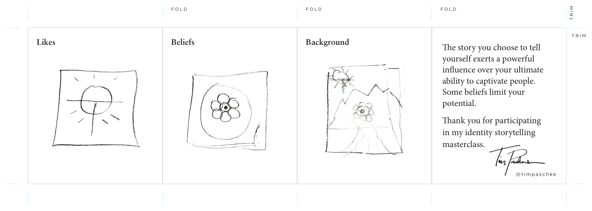 David's flat identity storytelling sheet with pencil sketches and fold marks