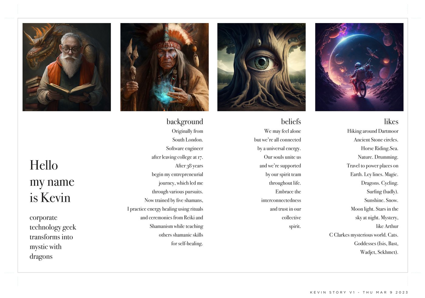 Kevin's front page with his four commissioned images and Background, Beliefs, and Likes text